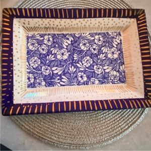 Anthropologie blue gold and White Floral serving plates and salad plate .